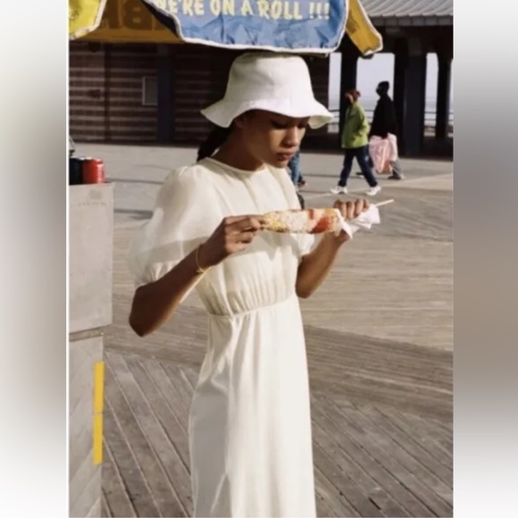 Zara Puff Sleeve Cream Color Chiffon/ Sheer Top Knit Midi Dress size M - Picture 3 of 9